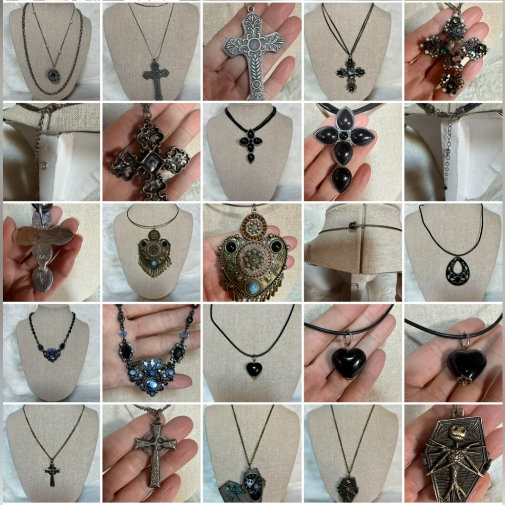 Lot 10 VNTG Y2K Whimisgoth Goth Dark Academia Heart Cross ornate Silver Necklace